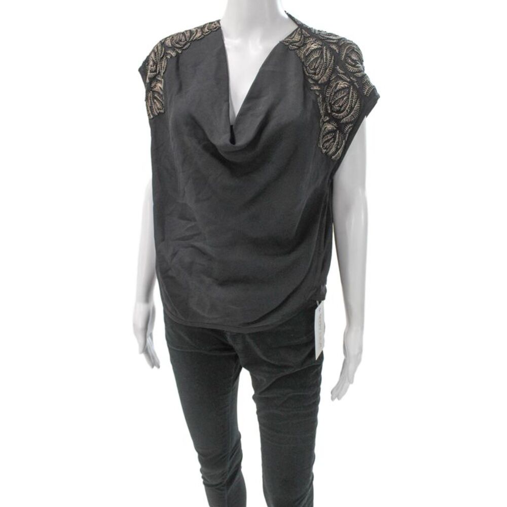 Maiyet Women Silk Cowl Neck Black Short Sleeve Basic Blouse Size 42